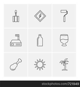 crane, paint roller ,baord , sun , tree , bottle , glass , icons , icon, vector, design, flat, collection, style, creative, icons