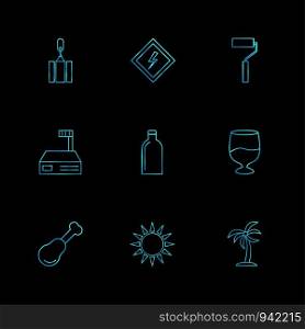crane, paint roller ,baord , sun , tree , bottle , glass , icons , icon, vector, design, flat, collection, style, creative, icons