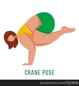 Crane pose flat vector illustration. Bakasana. Caucausian woman performing yoga posture in green and yellow sportswear. Workout. Physical exercise. Isolated cartoon character on white background. Crane pose flat vector illustration