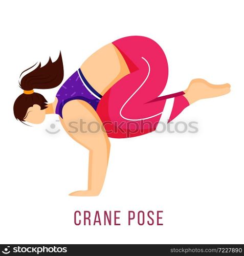 Crane pose flat vector illustration. Bakasana. Caucausian woman performing yoga posture in pink and purple sportswear. Workout. Physical exercise. Isolated cartoon character on white background. Crane pose flat vector illustration