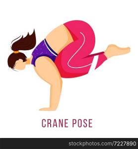 Crane pose flat vector illustration. Bakasana. Caucausian woman performing yoga posture in pink and purple sportswear. Workout. Physical exercise. Isolated cartoon character on white background. Crane pose flat vector illustration