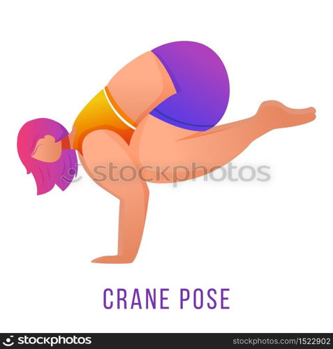 Crane pose flat vector illustration. Bakasana posture. Caucausian woman doing yoga in orange and purple sportswear. Workout, fitness. Physical exercise. Isolated cartoon character on white background