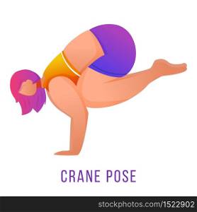Crane pose flat vector illustration. Bakasana posture. Caucausian woman doing yoga in orange and purple sportswear. Workout, fitness. Physical exercise. Isolated cartoon character on white background