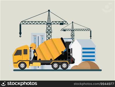Crane with concrete mixer.Construction of building. Machinery working in area.under construction Building work process with construction machines, Vector illustration.