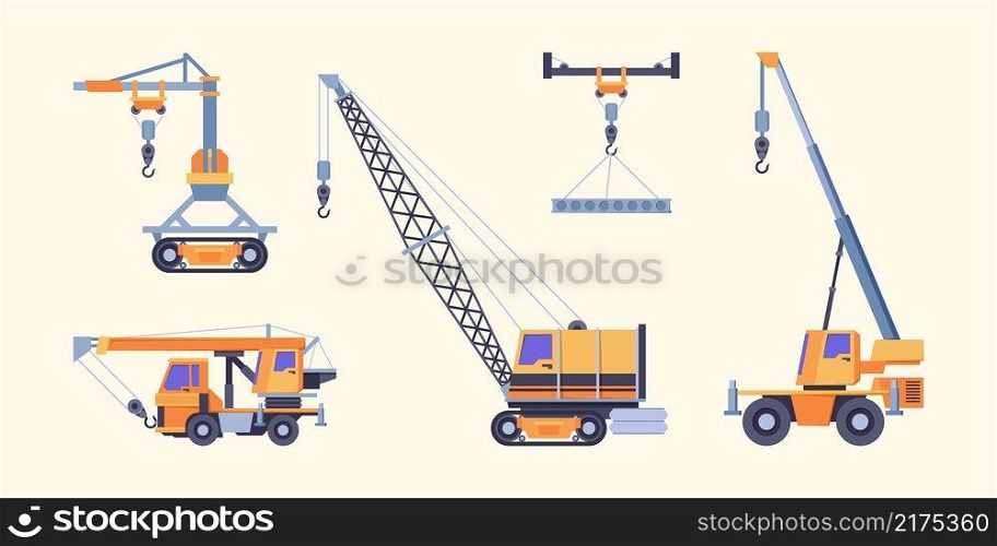 Cranes collection. Industrial loading machines for builders crane ropes with hook hoist vehicles garish vector transporters pictures. Illustration industrial digger and heavy power vehicle. Cranes collection. Industrial loading machines for builders crane ropes with hook hoist vehicles garish vector transporters pictures