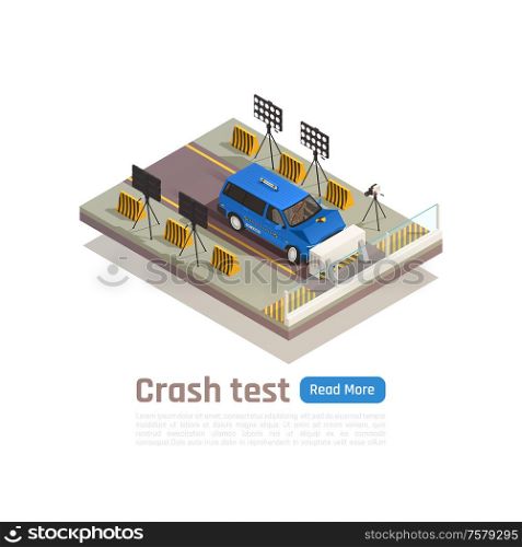 Crash test car safety isometric composition with editable text and view of car crashing into barrier vector illustration
