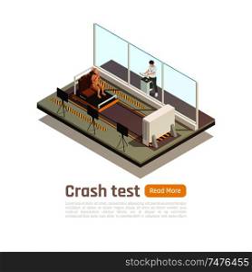 Crash test car safety isometric composition with read more button text and testing room units images vector illustration