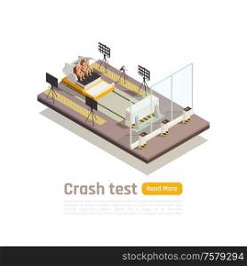 Crash test car safety isometric composition with view of testing fixture unit and dummies with text vector illustration