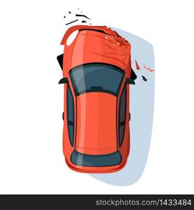 Crashed auto bumper semi flat RGB color vector illustration. Car accident. Collision on road. Claim insurance for transport. Red sedan isolated cartoon object top view on white background. Crashed auto bumper semi flat RGB color vector illustration
