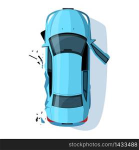 Crashed auto side semi flat RGB color vector illustration. Car accident. Collision on road. Claim insurance for vehicle. Blue sedan isolated cartoon object top view on white background. Crashed auto side semi flat RGB color vector illustration