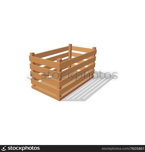 Crate of wooden planks isolated container. Vector drawer to store vegetables and harvest. Wooden box or empty container isolated crate