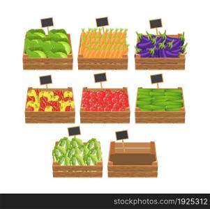 crates with fresh vegetables. Natural, healthy food concept. Organic vegetables from the farm collected in the wooden box. Vector illustration in flat style. crates with fresh vegetables.