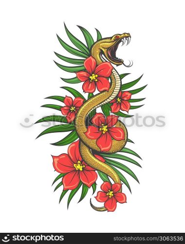 Crawling Snake with flowers and grass Leaves. Hand drawn illustration in tattoo Style. Vector illustration.. Tattoo of Snake in Flowers and Green Grass