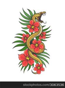 Crawling Snake with flowers and grass Leaves. Hand drawn illustration in tattoo Style. Vector illustration.. Tattoo of Snake in Flowers and Green Grass