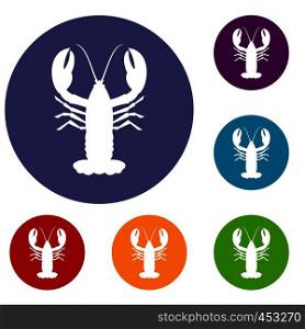 Crayfish icons set in flat circle reb, blue and green color for web. Crayfish icons set