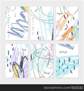 Crayon kids drawing scribbles dots and circles.Hand drawn creative invitation or greeting cards template. Anniversary, Birthday, wedding, party, social media banners set of 6. Isolated on layer.