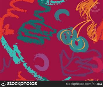 Crayon rough strokes and cherry on deep red.Creative abstract colorful seamless pattern. Tribal ethnic motives. Universal bright background for greeting cards, invitations. Had drawn ink and marker texture.