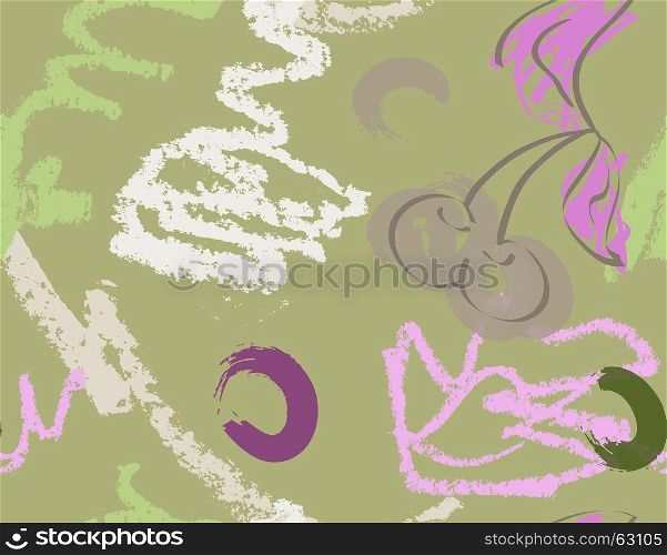 Crayon rough strokes and cherry on light green.Creative abstract colorful seamless pattern. Tribal ethnic motives. Universal bright background for greeting cards, invitations. Had drawn ink and marker texture.