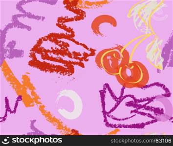 Crayon rough strokes and cherry on light purple.Creative abstract colorful seamless pattern. Tribal ethnic motives. Universal bright background for greeting cards, invitations. Had drawn ink and marker texture.
