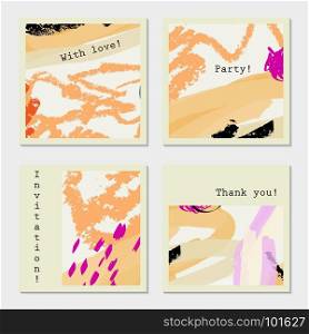 Crayon textured light orange strokes.Hand drawn creative invitation greeting cards. Poster, placard, flayer, design templates. Anniversary, Birthday, wedding, party cards set of 4. Isolated on layer.