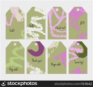 Crayon textured strokes and marker olive green purple tag set.Creative universal gift tags.Hand drawn textures.Ethic tribal design.Ready to print sale labels Isolated on layer.