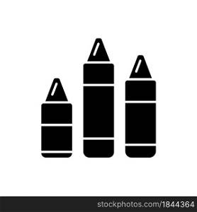 Crayons black glyph icon. Art classroom. Use for drawing and coloring. Paraffin wax and color pigment. Teaching supplies for preschool. Silhouette symbol on white space. Vector isolated illustration. Crayons black glyph icon