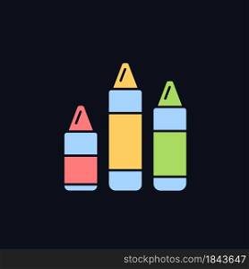 Crayons RGB color icon for dark theme. Art classroom. Use for drawing, coloring. Paraffin wax, color pigment. Isolated vector illustration on night mode background. Simple filled line drawing on black. Crayons RGB color icon for dark theme