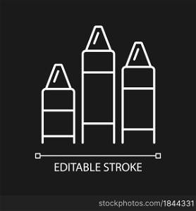 Crayons white linear icon for dark theme. Art classroom. Use for coloring. Wax, color pigment. Thin line customizable illustration. Isolated vector contour symbol for night mode. Editable stroke. Crayons white linear icon for dark theme