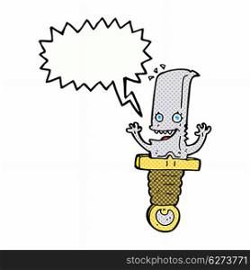 crazy cartoon knife character with speech bubble
