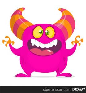 Crazy cartoon monster with big mouth. Vector pink monster troll illustration. Halloween design