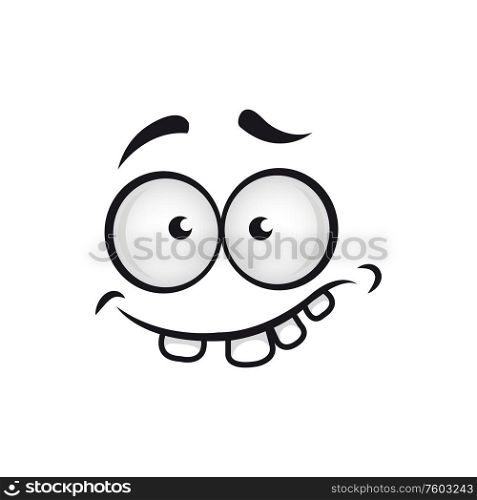 Crazy emoji symbol with tooth isolated emoticon. Vector confused or mad smiley face. Mad smiley, isolated silly face