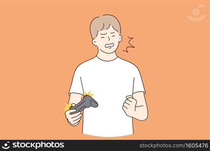 Crazy emotions, excitement, gaming concept. Crazy small boy cartoon character shouting screaming using video game controller and pulling fist as symbol of failure and loss in game . Crazy emotions, excitement, gaming concept