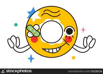 Crazy face sticker vector. Abstract comic character with big angry eye in trendy hand drawn style. Cute funny face for social net in bright colors.. Crazy face sticker vector. Abstract comic character with big angry eye