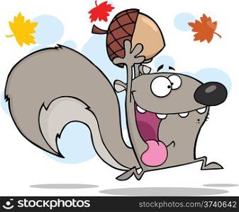 Crazy Gray Squirrel Cartoon Character Running With Acorn