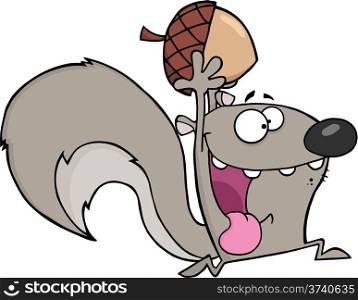 Crazy Gray Squirrel Cartoon Mascot Character Running With Acorn