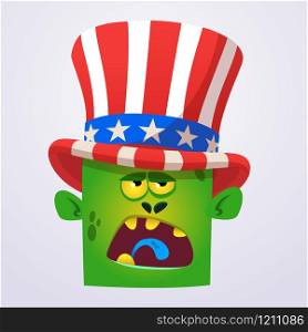 Crazy green cartoon monster wearing Uncle Sam hat. Design character for American Independence Day. Vector illustration for print or decoration