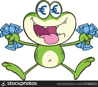Crazy Green Frog Cartoon Character Jumping With Euro