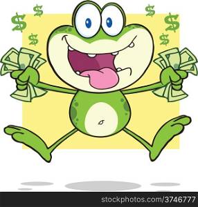 Crazy Green Frog Cartoon Mascot Character Jumping With Cash