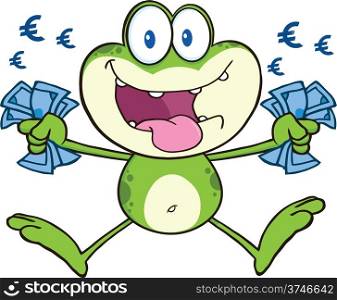 Crazy Green Frog Cartoon Mascot Character Jumping With Euro
