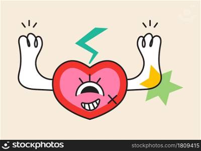 Crazy heart sticker vector. Abstract comic character with big angry eye in trendy hand drawn style. Cute elements and shapes for social net in bright colors.. Crazy heart sticker vector. Abstract comic character with big angry eye