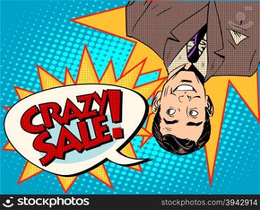 Crazy sale announcement man upside down pop art retro style. Crazy sale announcement man upside down