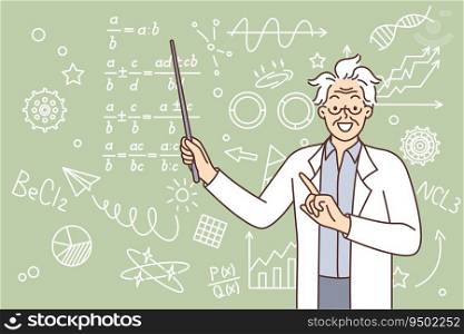 Crazy scientist points to formulas written on blackboard and teaches children from school math. Crazy teacher with shaggy hair is dressed in white coat and explains solution to problem to students. Crazy scientist points to formulas written on blackboard and teaches children from school math