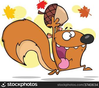 Crazy Squirrel Cartoon Character Running With Acorn