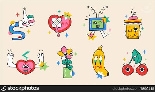 Crazy sticker vector set. Abstract comic character with big angry eye in trendy hand drawn style. Cute elements of TV, banana, coffee cup, cherries, broken heart for social net in bright colors.. Crazy sticker vector set. Abstract comic character with big angry eye