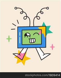 Crazy TV sticker vector. Abstract comic character with big angry eye in trendy hand drawn style. Cute elements and shapes for social net in bright colors.. Crazy TV sticker vector. Abstract comic character with big angry eye