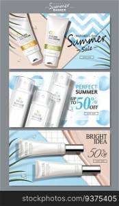 cream and light blue colored cosmetic theme web banners with product pictures, 3d illustration. cosmetic banner design