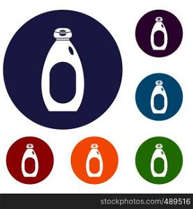 Cream bottle icons set in flat circle red, blue and green color for web. Cream bottle icons set