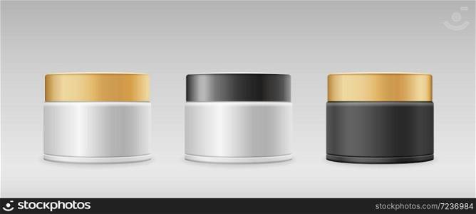 Cream Bottles three collections, black and gold cap products design on gray background, vector illustration