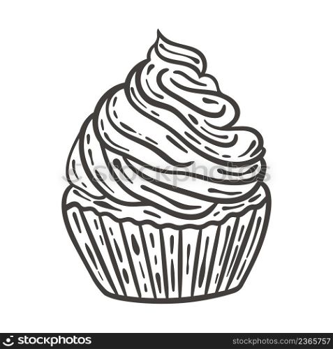 Cream cake doodle style vector isolated illustration. Black graphic sketch baking. Confectionery hand engraved. Cream cake doodle style vector isolated illustration