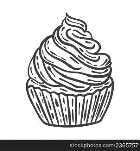 Cream cake doodle style vector isolated illustration. Black graphic sketch baking. Confectionery hand engraved. Cream cake doodle style vector isolated illustration